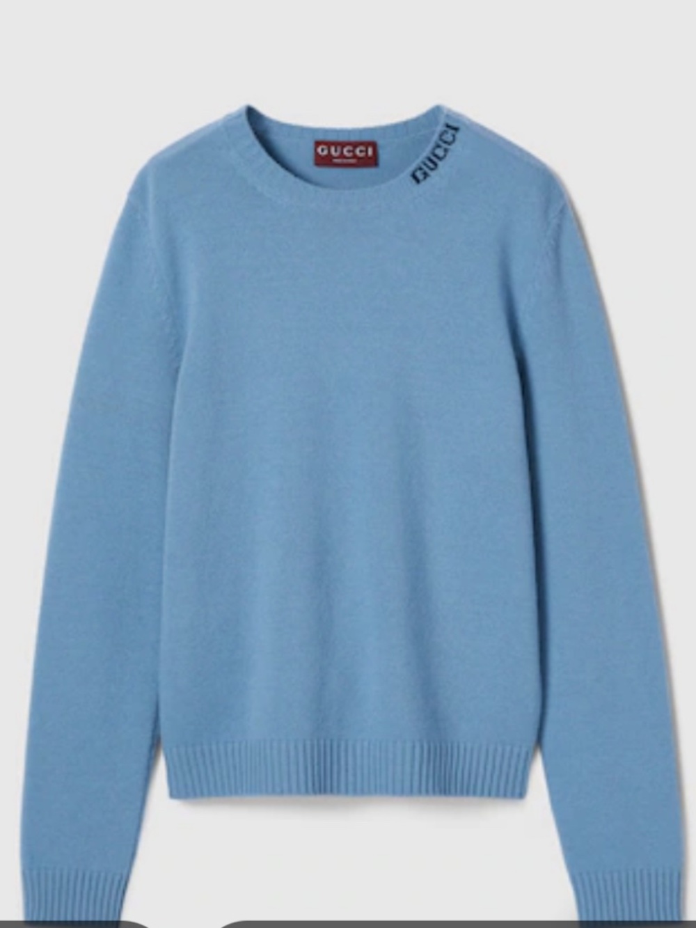 Men’s Gucci Felted Light Blue Wool Knit Sweater with Intarsia. Size XL